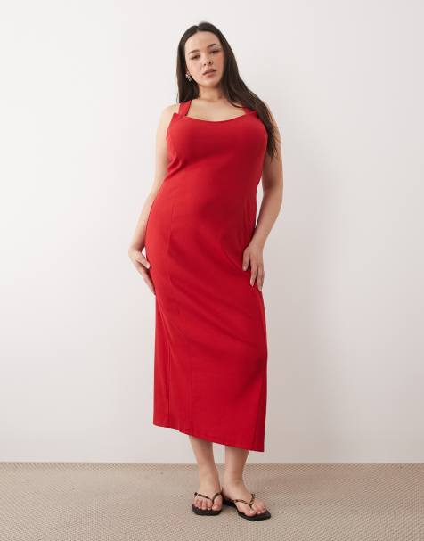 ASOS DESIGN Curve – Czerwona sukienka midi o fasonie bokserki z dekoltem w kształcie litery U i ozdobnymi szwami - view 1