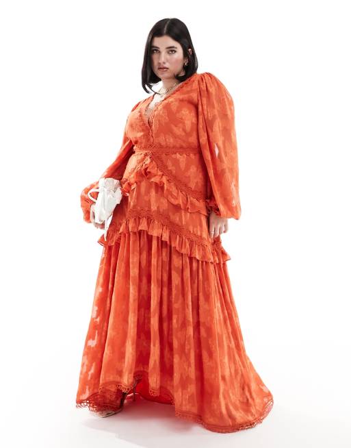 ASOS DESIGN Curve – Czerwona sukienka midi z koronkowymi wstawkami w żakardowy kwiatowy wzór