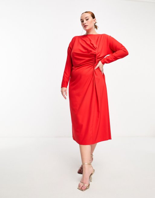 ASOS DESIGN Curve – Czerwona sukienka midi z węzłem i dekoltem w łódkę