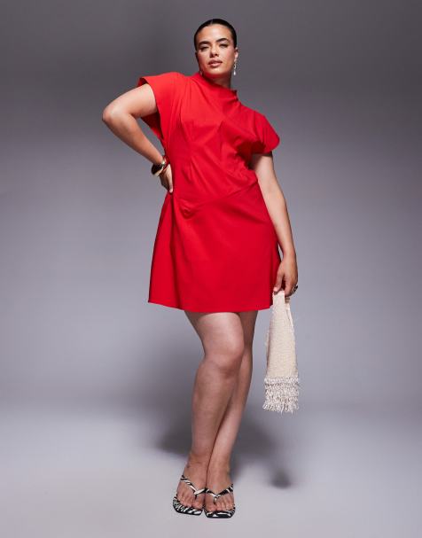 ASOS DESIGN Curve – Czerwona sukienka mini z bengaliny z zabudowanym dekoltem i rozcięciem - view 1
