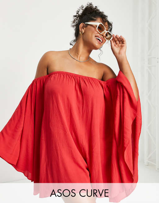 ASOS DESIGN Curve – Czerwony krótki kombinezon plażowy z nietoperzowymi rękawami