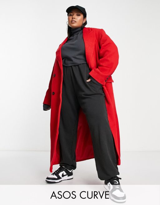 ASOS DESIGN Curve – Czerwony płaszcz dad fit z diagonalu z domieszką wełny