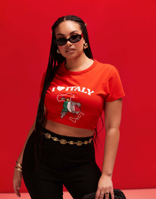 ASOS DESIGN Curve – Czerwony przylegający T-shirt z napisem „I heart Italy”