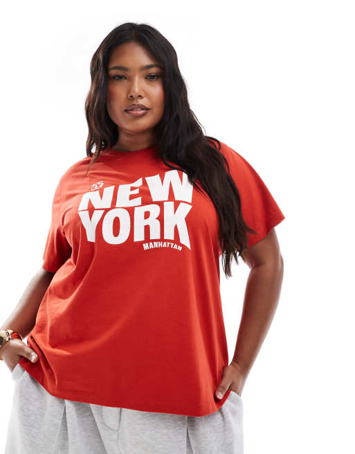 ASOS DESIGN Curve – Czerwony T-shirt o regularnym kroju z grafiką z motywem Nowego Jorku