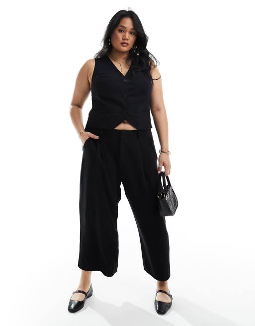 ASOS DESIGN Curve dad culotte pants with linen in black