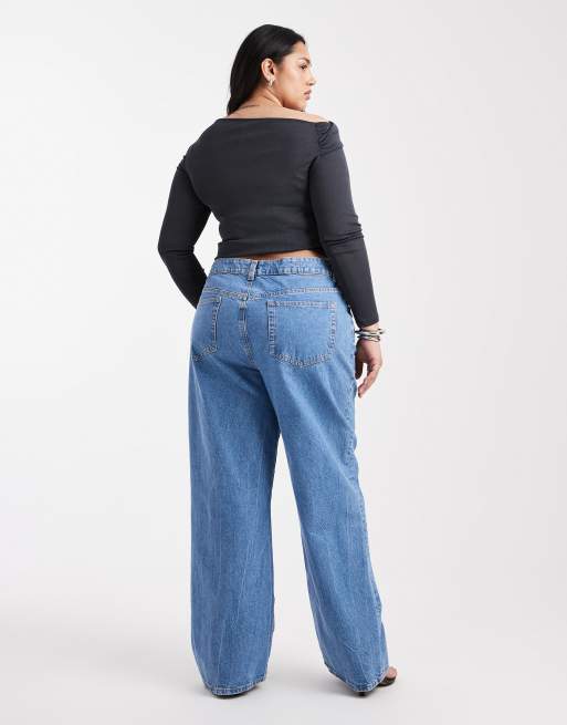 ASOS DESIGN Curve - Dad jeans met wijde pijpen in effen blauw, 2 van 5