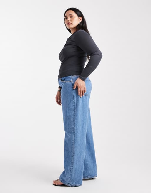 ASOS DESIGN Curve - Dad jeans met wijde pijpen in effen blauw, 3 van 5