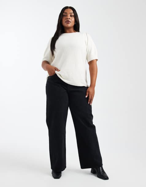 ASOS DESIGN Curve - Dad jeans met wijde pijpen in zwart - view 1