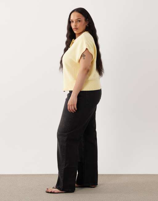 ASOS DESIGN Curve - Dad jeans met wijde pijpen in zwarte wassing, 3 van 5