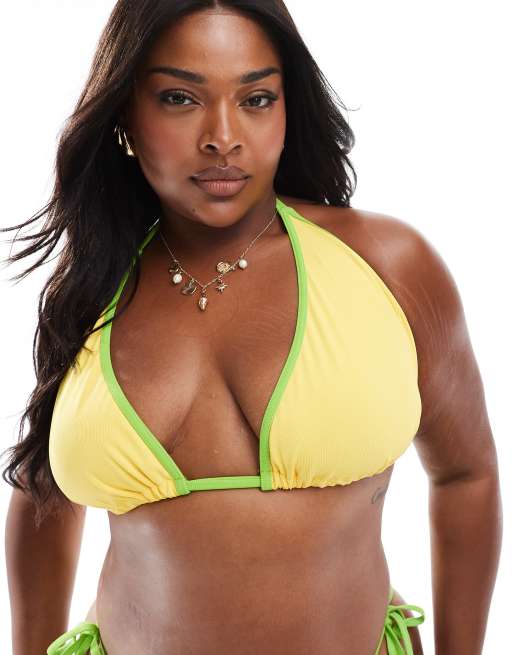 ASOS DESIGN Curve – Dani – Żółto-zielona góra od bikini z trójkątnymi, wysokimi miseczkami