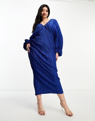 Asos Curve Asos Design Curve Deep Plunge Blouson Sleeve Plisse Midi Dress In Blue
