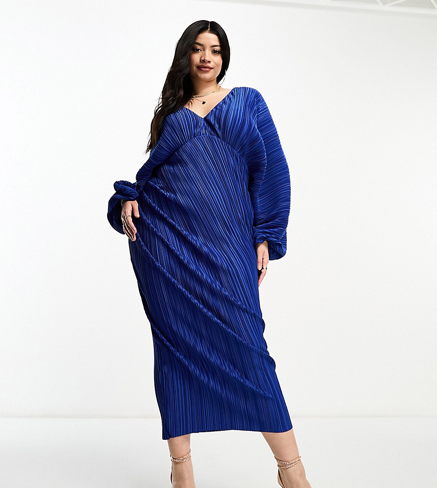 Asos Curve Asos Design Curve Deep Plunge Blouson Sleeve Plisse Midi Dress In Blue