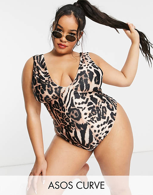  Curve deep plunge swimsuit in marked animal print 