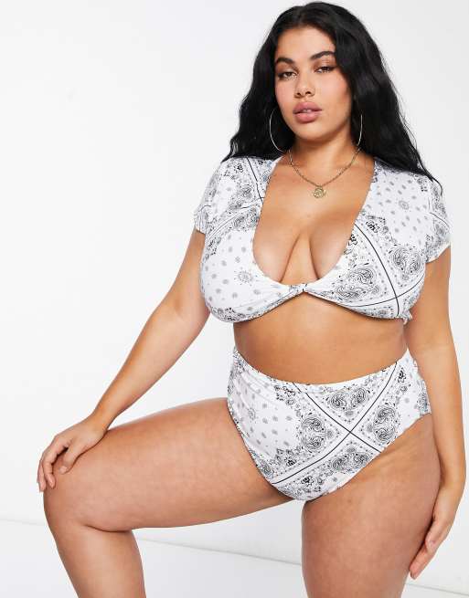 ASOS DESIGN curve deep plunge tie front T-shirt bikini top in white bandana print, 4 of 4