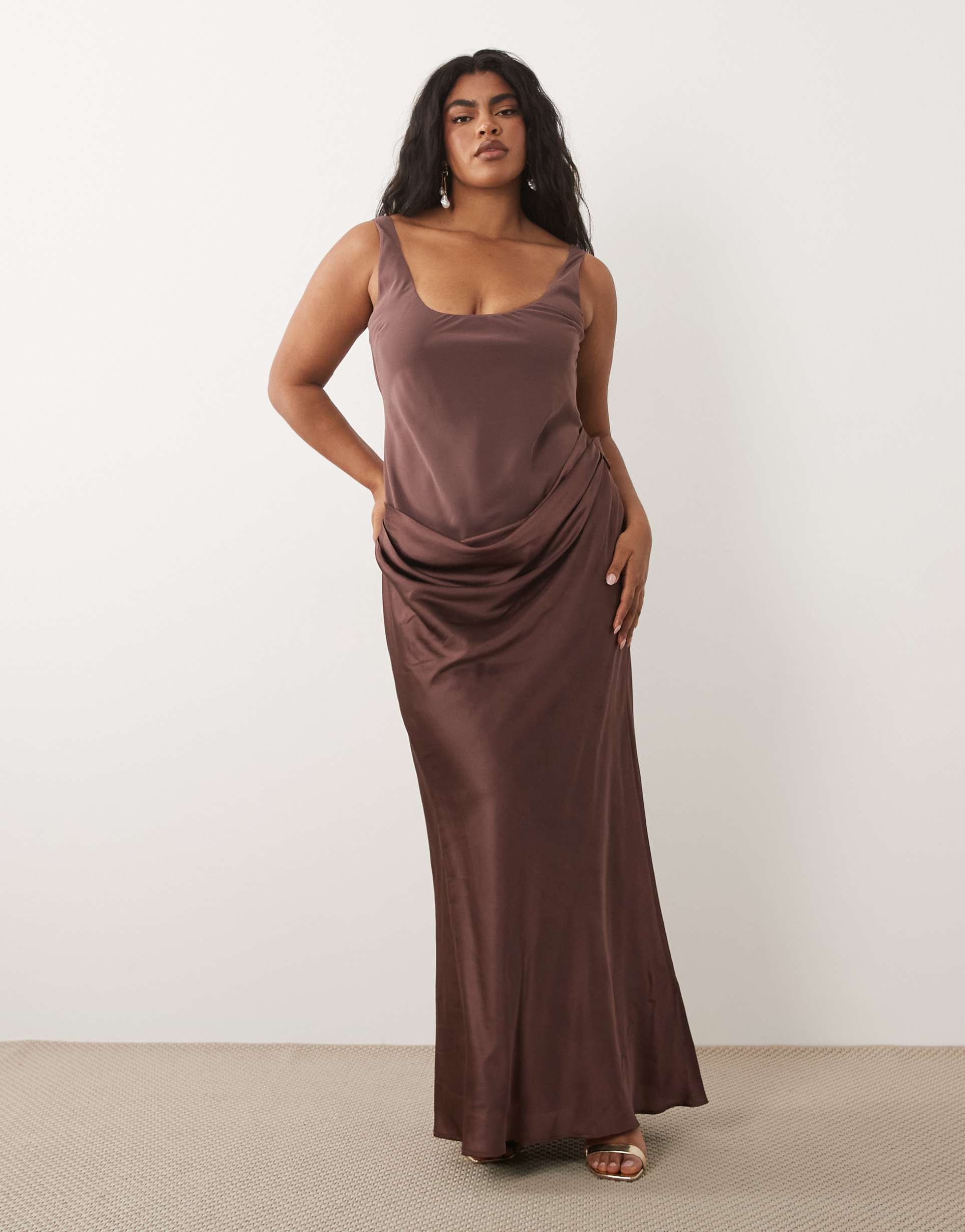 asos design curve deep scoop neck maxi dress with asymmetric draped skirt overlay in chocolate