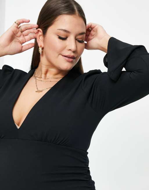 ASOS DESIGN Curve deep V bodycon midi dress with flared cuff in black