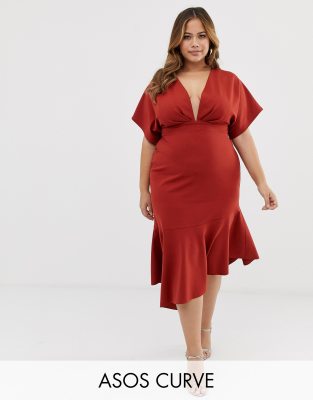 asos design deep v pep hem midi dress