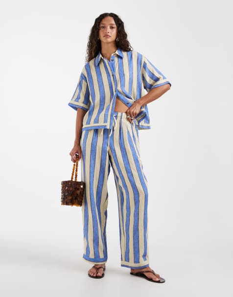 ASOS DESIGN Curve – Delilah – Strandhose aus grob gewebter Baumwolle in gestreiftem Blau - view 1