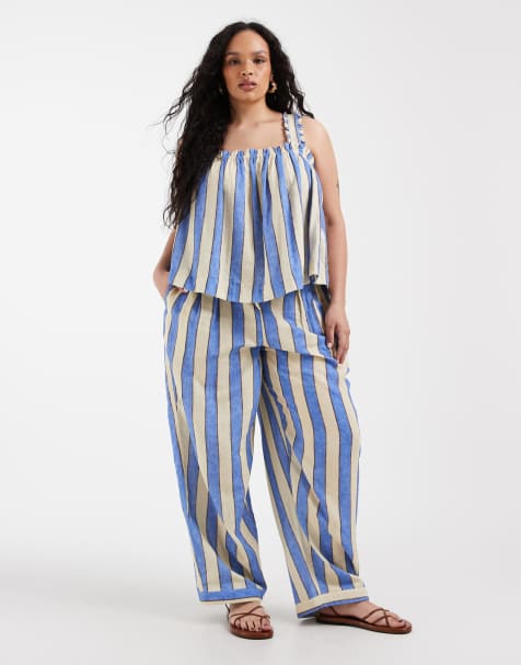 ASOS DESIGN Curve Delilah stripe beach short in blue stripe - MBLUE - view 1