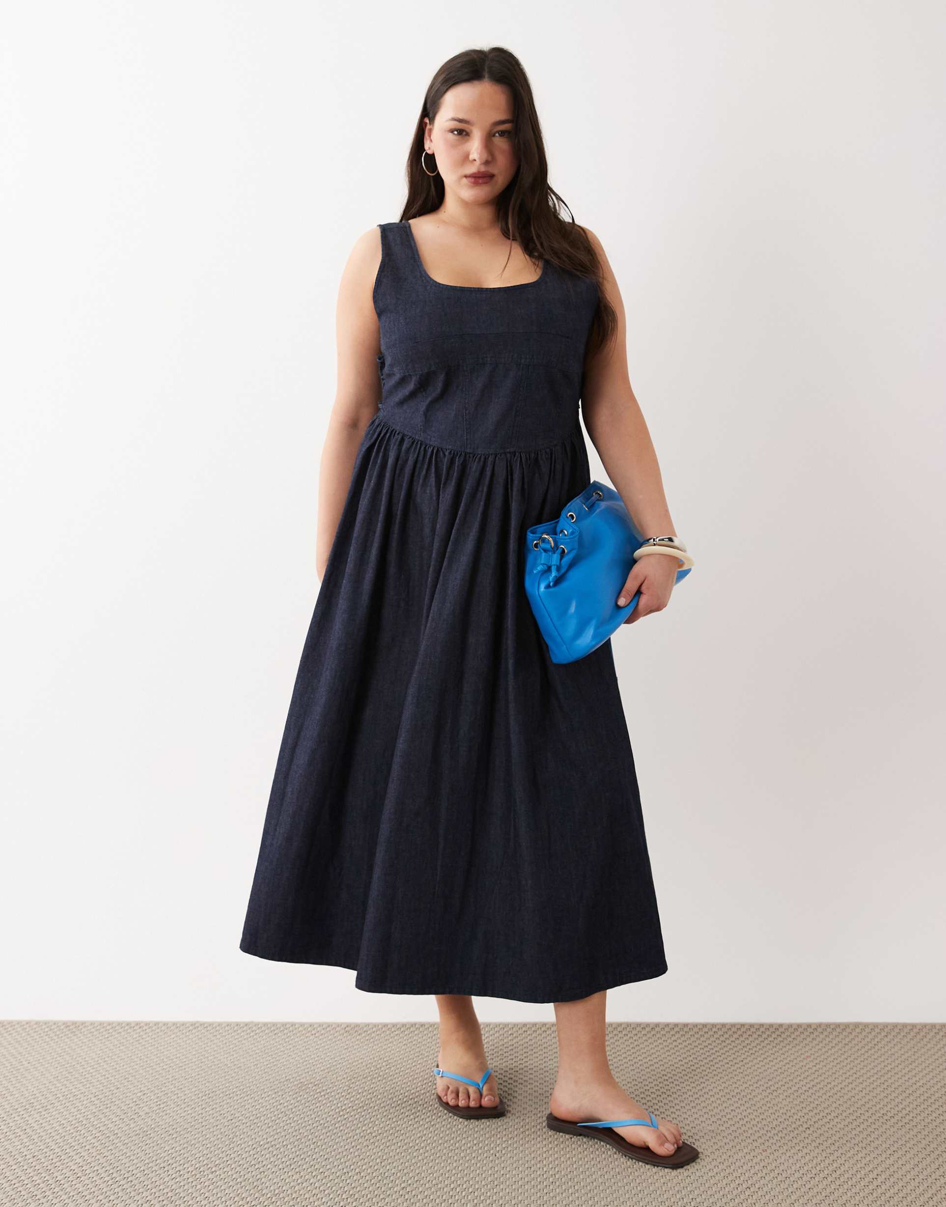 asos design curve denim ballerina midi dress in rinse