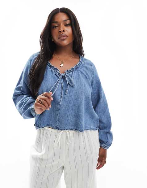 ASOS DESIGN Curve denim balloon sleeve blouse with linen in midwash blue - view 1