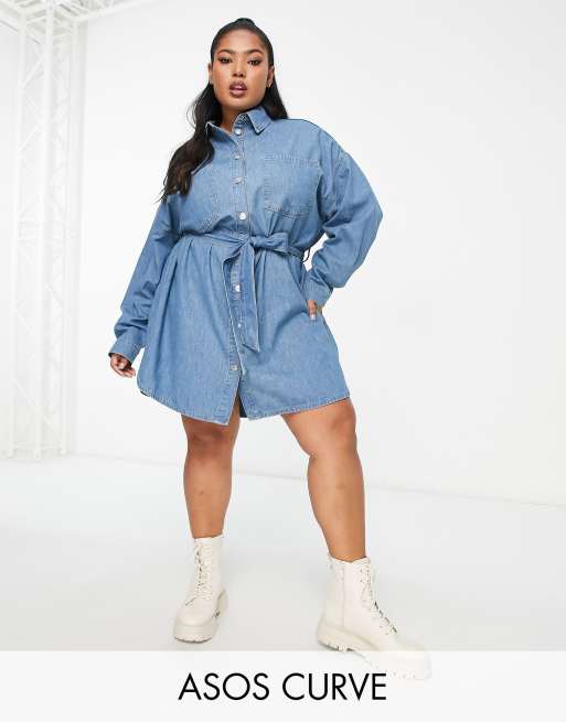 ASOS DESIGN Curve denim belted shirt dress in midwash | ASOS