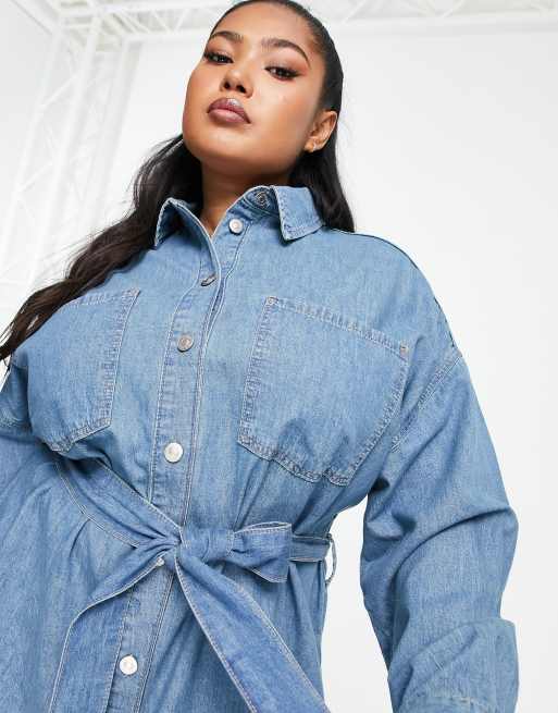 ASOS DESIGN Curve denim belted shirt dress in midwash ASOS