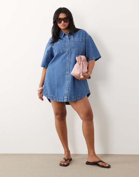 ASOS DESIGN Curve denim boxy shirt dress with pocket detail in mid blue - view 1