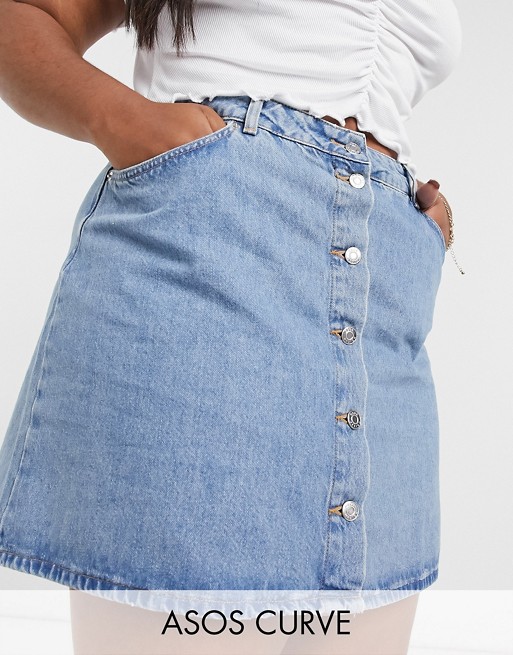 ASOS DESIGN Curve denim button through skirt in blue