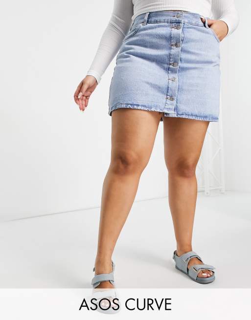 ASOS DESIGN Curve denim button through skirt in blue