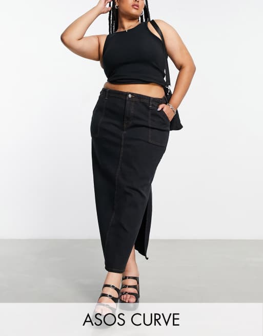 ASOS DESIGN Curve denim cargo midi skirt in washed black | ASOS