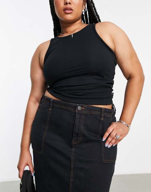 Plus size black denim midi clearance skirt