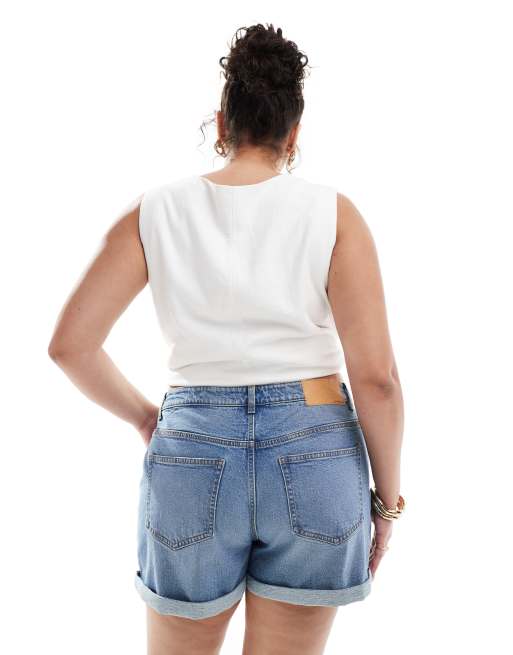 ASOS DESIGN Curve denim comfort mom short in mid blue ASOS