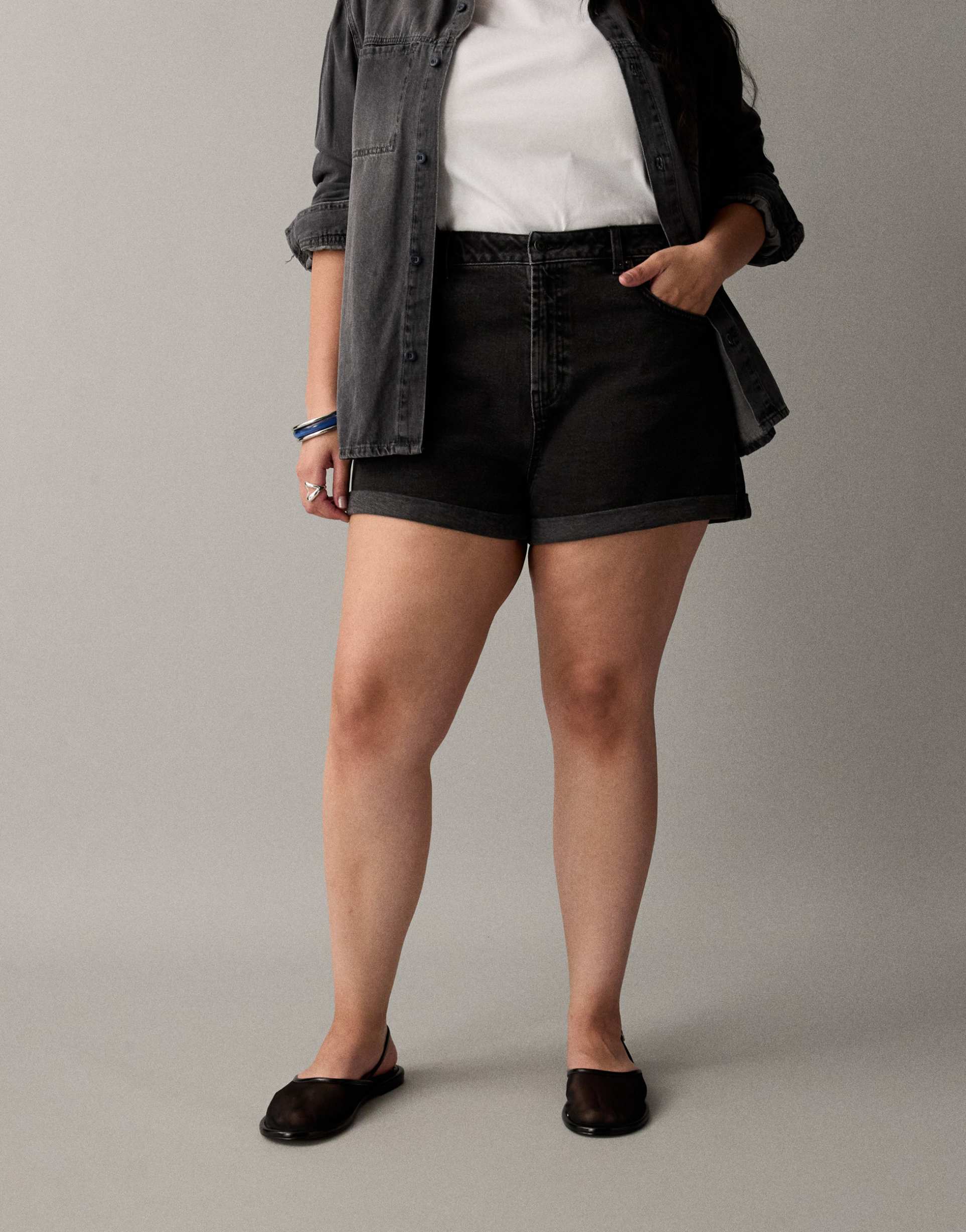 asos design curve denim comfort mom shorts in black