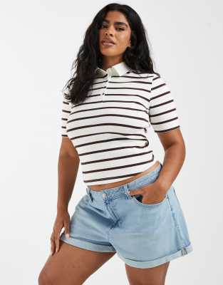 ASOS DESIGN Curve denim comfort mom shorts in mid blue