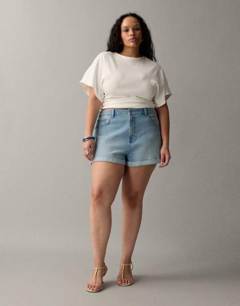 ASOS DESIGN Curve denim comfort mom shorts in mid blue - view 1
