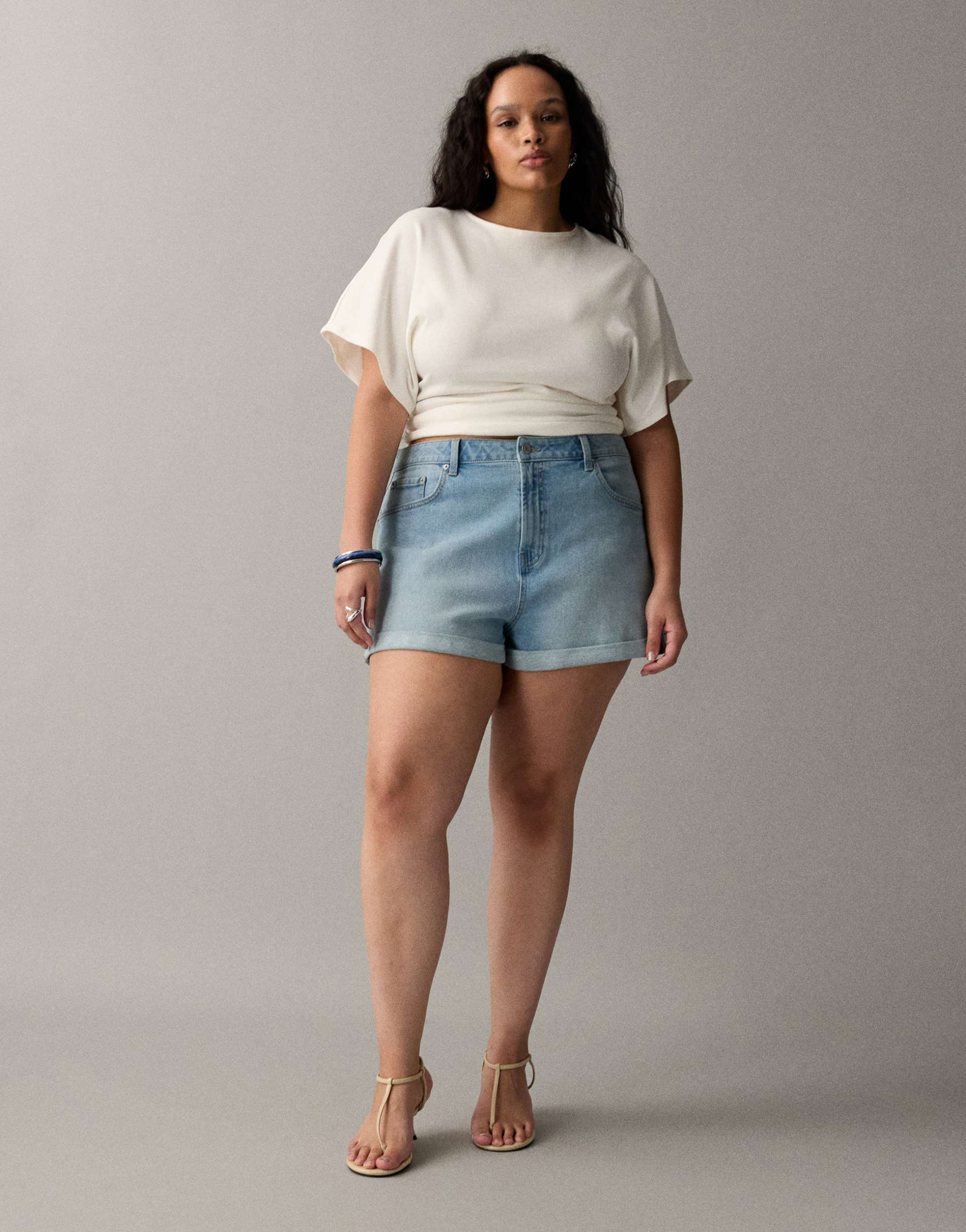 asos design curve denim comfort mom shorts in mid blue