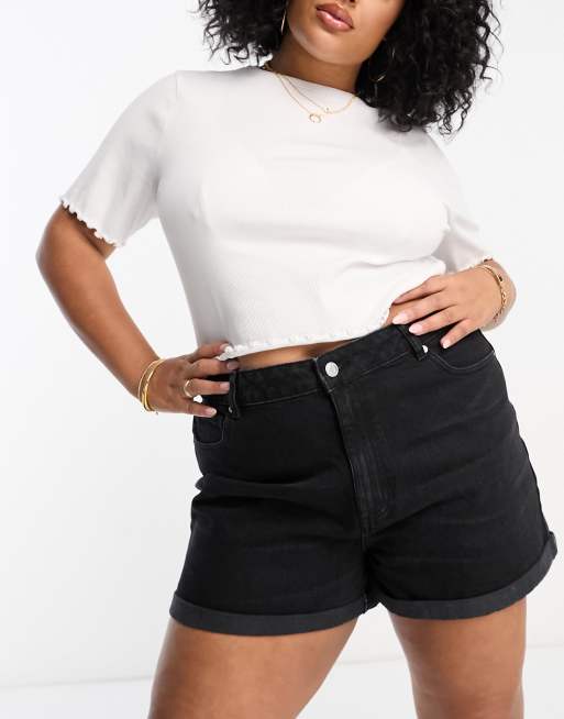 ASOS DESIGN Curve denim comfort mom shorts in washed black