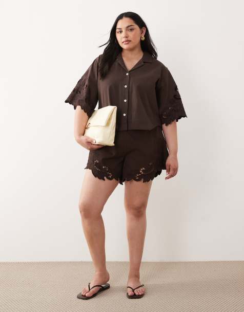 ASOS DESIGN Curve denim cutwork co-ord in chocolate - view 1