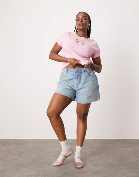 ASOS DESIGN Curve - Denim dad short in blauw met lichte wassing - view 1