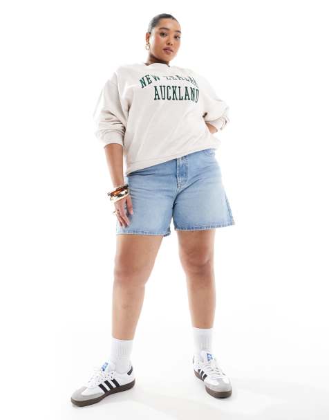 ASOS DESIGN Curve denim dad short in midwash blue - view 1