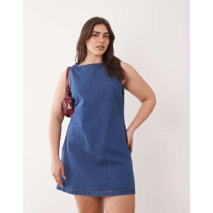 ASOS DESIGN Curve denim fit and flare shift dress in mid blue | ASOS