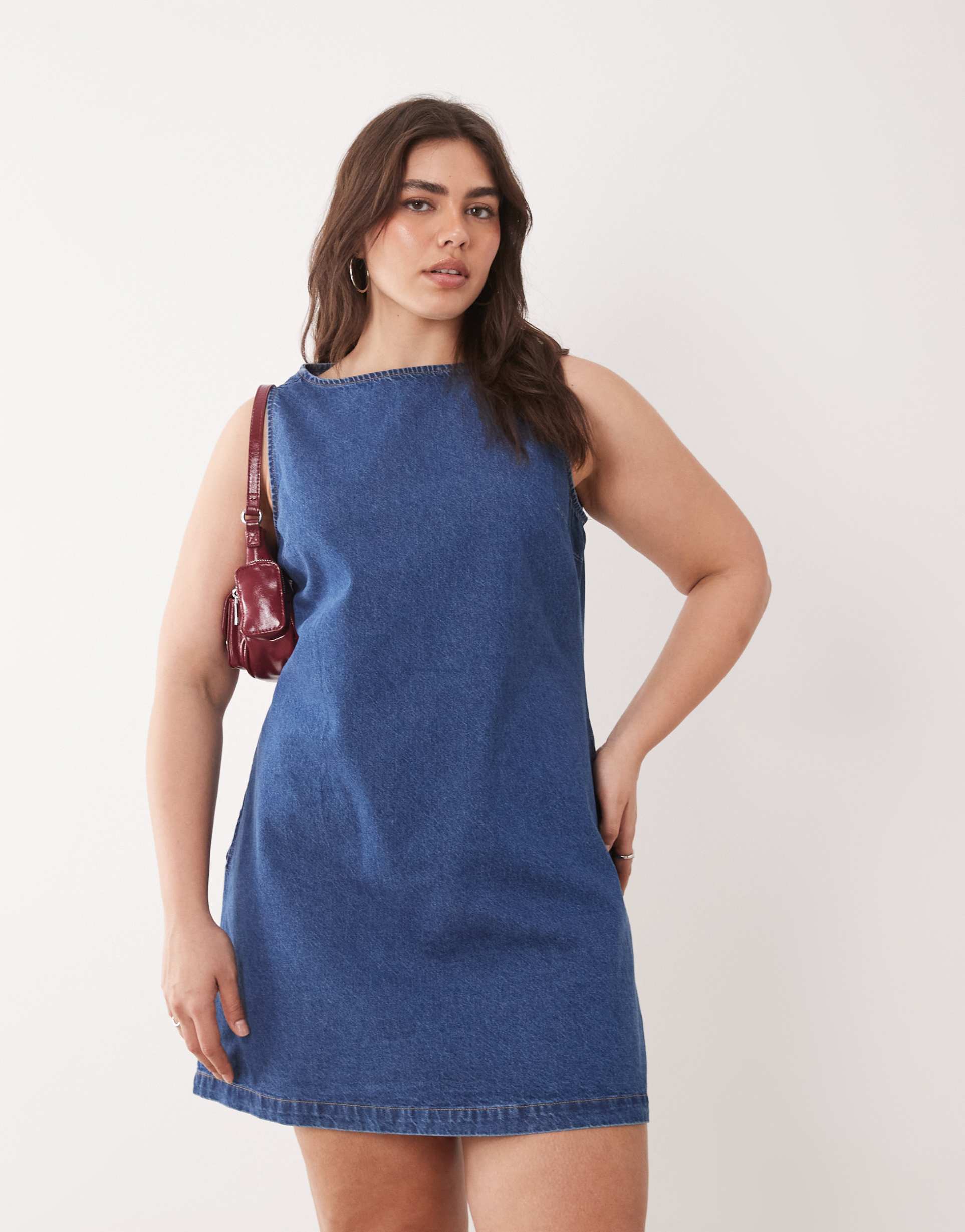 asos design curve denim fit and flare shift dress in mid blue