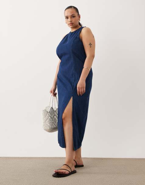 ASOS DESIGN Curve denim fitted midi dress in rich mid blue - view 1
