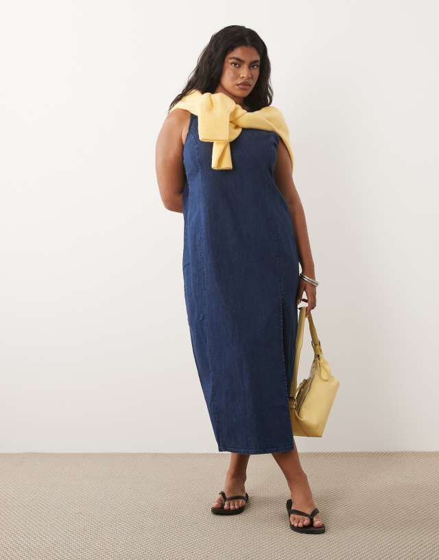 denim midi dress asos DESIGN Curve fitted in rich mid blue quality cotton Color:Red Sea Denim ballerina midi _okendo:syndication_key:CL13318003 Princess Dress Blanket Green