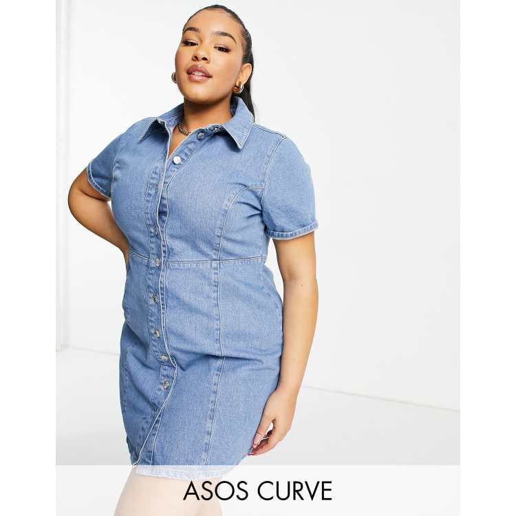 ASOS DESIGN Curve denim fitted shirt dress with short sleeves in midwash ASOS