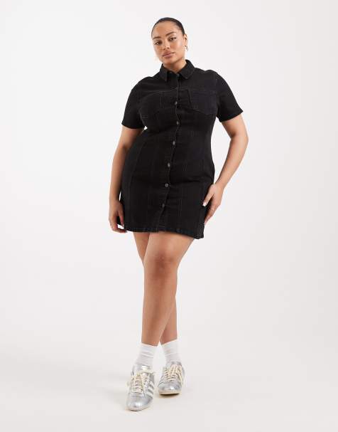 ASOS DESIGN Curve denim fitted shirt mini dress in black