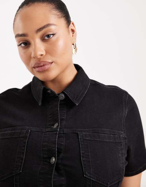 ASOS DESIGN Curve denim fitted shirt mini dress in black, 3 of 4