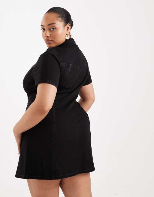 ASOS DESIGN Curve denim fitted shirt mini dress in black, 4 of 4