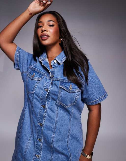 ASOS DESIGN Curve denim fitted shirt mini dress in mid blue
